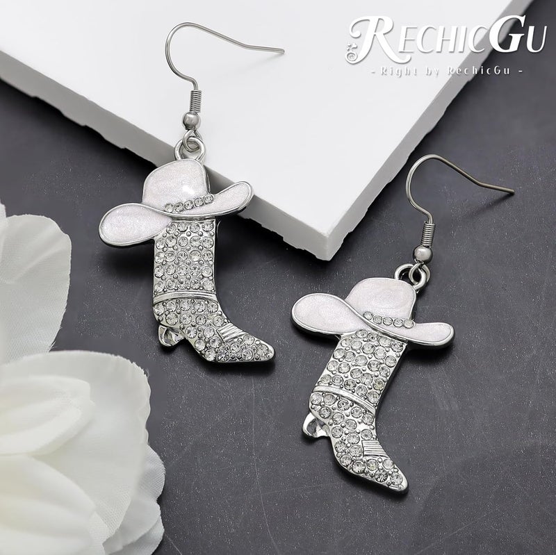 RechicGu Rhinestone Western Boots Earrings Cowgirl Cowboy Enamel Hat Bohemian Rodeo Boot Drop Dangle Earrings for Women - Image 3